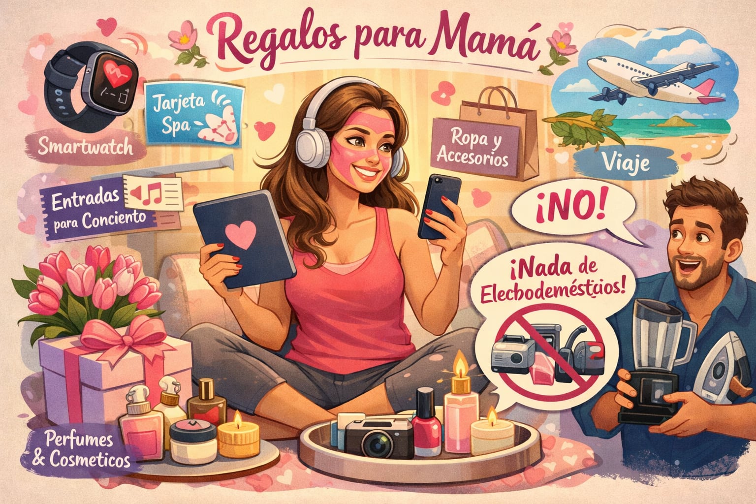 Una ilustración vibrante revela las preferencias de la mamá moderna para el Día de la Madre, destacando opciones de ocio y cuidado personal sobre los regalos tradicionales como electrodomésticos. (Imagen Ilustrativa Infobae)