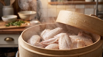 Una vaporera de bambú entornada contiene varias alitas de pollo entre una columna de vapor sobre la mesa de una cocina.