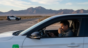 Un hombre en un coche blanco con un logo en el lateral mira su teléfono. Al fondo, una carretera desértica, montañas y un coche de patrulla desenfocado.