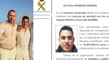Félix Aparicio, en un círculo naranja, junto a Aldama en la boda de Ibiza. Al lado, su nombre en un informe de la UCO