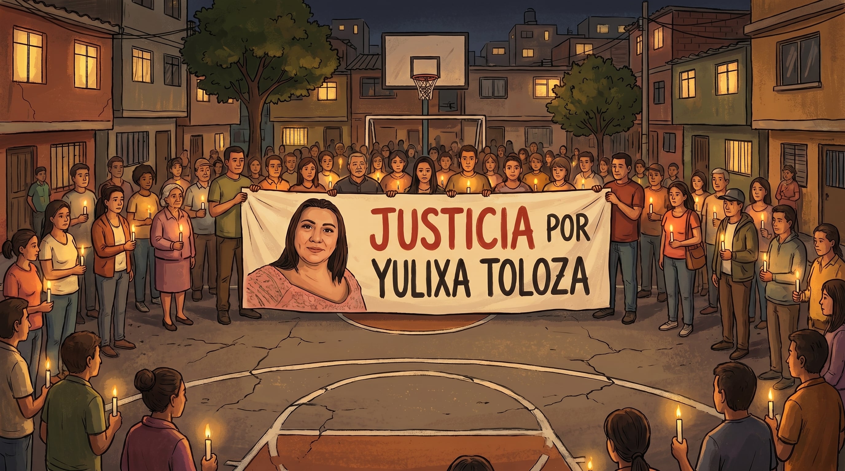 Vecinos de un barrio popular de Bogotá participan en una velatón nocturna en una cancha de baloncesto, portando velas y un cartel que demanda justicia por Yulixa Toloza. (Imagen Ilustrativa Infobae)