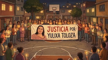 Ilustración de velatón nocturna en cancha de barrio popular de Bogotá. Gente sostiene velas y pancarta con rostro de Yulixa Toloza y texto "Justicia por Yulixa Toloza".