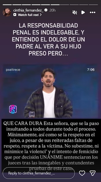 Cinthia Fernández expuso su enojo ante las palabras de la madre de Martínez en vivo (Instagram)