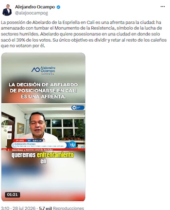 Alejandro Ocampo advirtió que la ceremonia presidencial es un “show” y confirmó ausencia del Pacto Histórico - crédito @alejoocampog/X