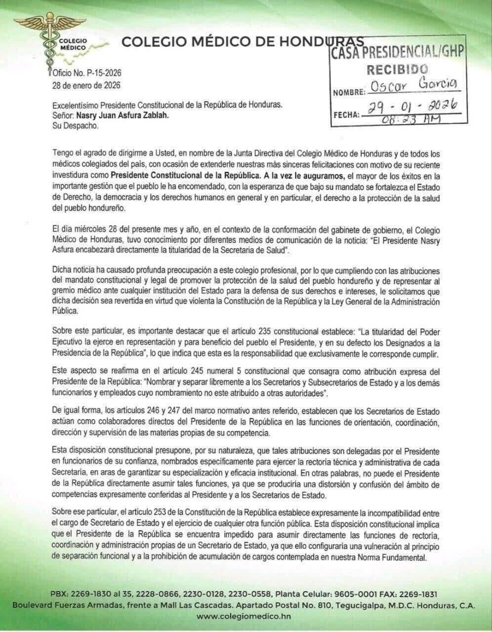 El gremio médico advierte acciones si no se resuelven los problemas administrativos (Créditos: Colegio Medico de Honduras)