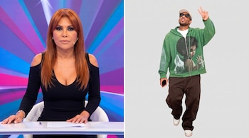 Magaly Medina sentada en escritorio con fondo de luces. Jefferson Farfán de pie, con gorra, gafas, sudadera verde y pantalones marrones, haciendo señal de paz.
