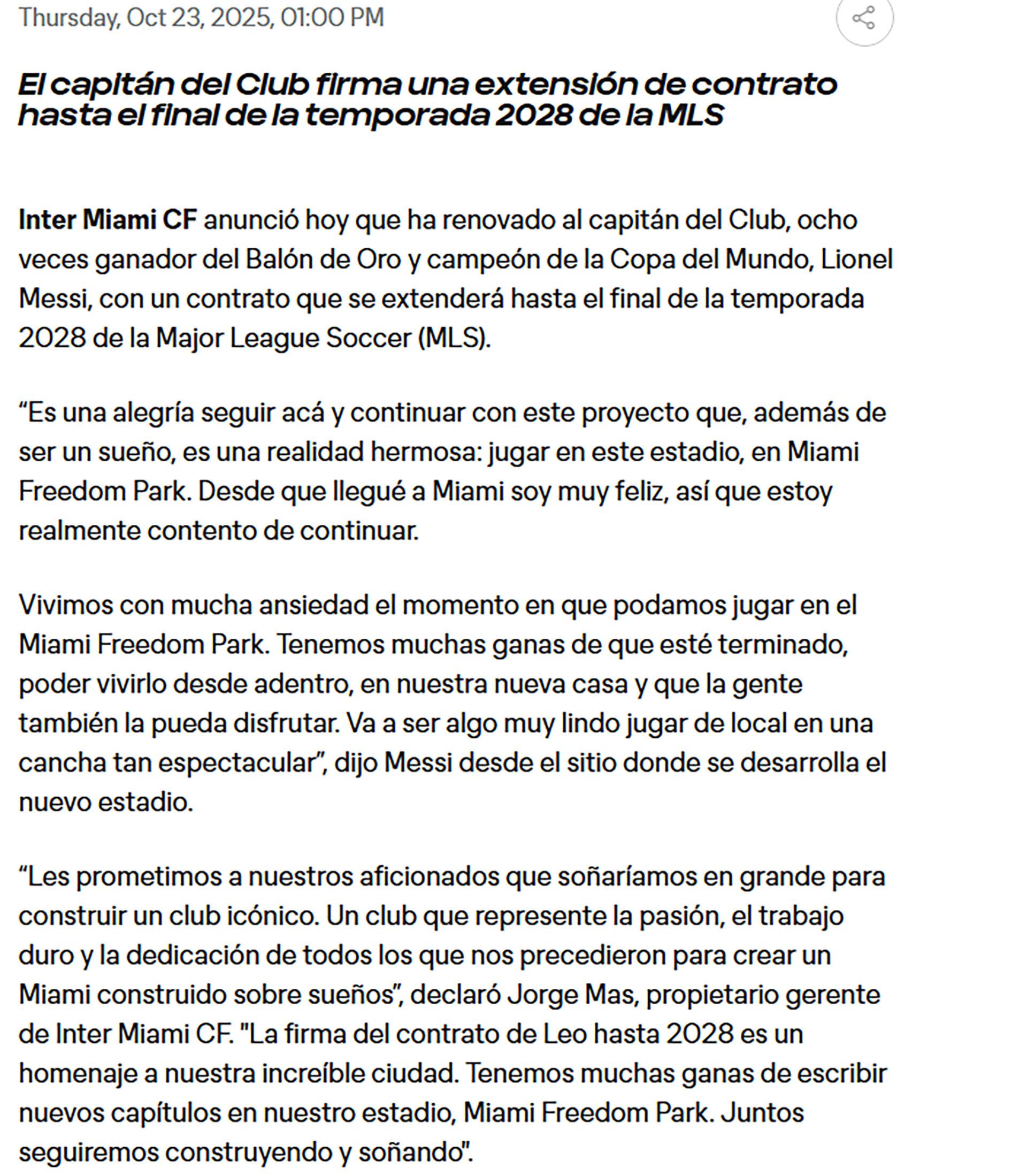 La palabra de Messi en el sitio oficial del Inter Miami