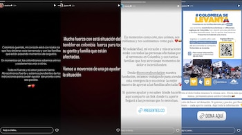 Cuatro historias de Instagram con mensajes de texto, banderas de Colombia, corazones y un código QR, mostrando llamados a la donación y solidaridad.