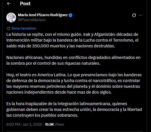 María José Pizarro lanzó duras críticas al operativo realizado por Estados Unidos en Venezuela - crédito @PizarroMariaJo