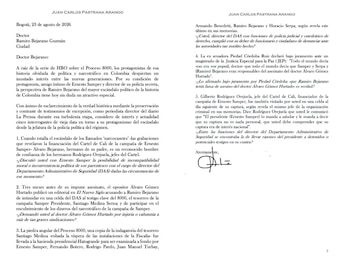 Juan Carlos Pastrana y su carta a Ramiro Bejarano