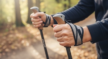 Primer plano de dos manos sujetando bastones de marcha nórdica. Las manos tienen guantes con correas. Un sendero de tierra y árboles difuminados se ve al fondo.