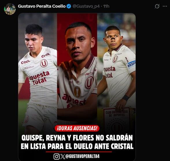 La información del periodista Gustavo Peralta sobre que Piero Quispe, Edison Flores y Bryan Reyna no jugarán el Universitario de Deportes vs Sporting Cristal.