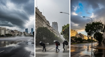 Imagen dividida en tres paneles de calles de la Ciudad Autónoma de Buenos Aires: cielo nublado, gente con paraguas bajo la lluvia y cielo aclarando.