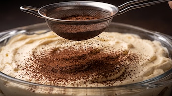 Un colador metálico deja caer cacao en polvo sobre la crema de un postre servido en un molde de vidrio.