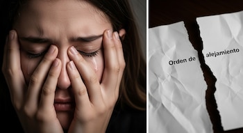 Primer plano de mujer llorando con lágrimas y manos en el rostro. A su lado, un papel blanco rasgado con las palabras "Orden de alejamiento".
