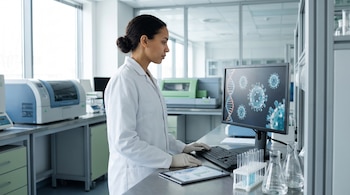 Científica con bata blanca y guantes frente a una computadora con modelos de ADN y virus, una tableta, tubos de ensayo y frascos en un laboratorio moderno.