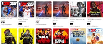 Una cuadrícula de portadas de videojuegos para PS5 y PS4 con nombres de títulos, precios originales y con descuento, y porcentajes de rebaja