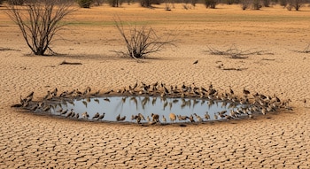 Suelo seco y agrietado rodea un estanque pequeño. Muchas aves y algunos mamíferos pequeños beben en el borde. Arbustos secos.