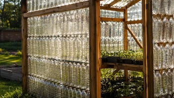 Invernadero de madera y botellas de plástico transparentes con plantas en macetas y tierra, iluminado por luz solar