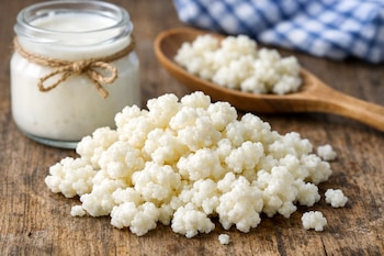 Gránulos de kéfir sobre una tabla de madera. Al fondo, un frasco con kéfir líquido y una cuchara de madera con más gránulos. Un paño azul y blanco.