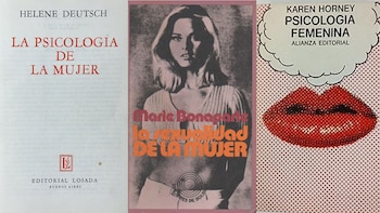 Primer plano de tres portadas de libros: Helene Deutsch (texto rojo), Marie Bonaparte (foto monocromática de mujer), y Karen Horney (labios rojos estilo pop art)