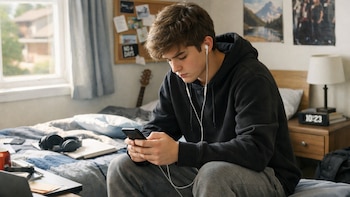 Un adolescente con sudadera oscura y auriculares blancos, sentado en su cama y mirando su teléfono celular en una habitación bien iluminada.