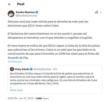 Sandra Ramírez contestó a Vicky