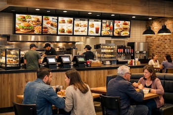 Interior de un restaurante con cuatro comensales sentados, tres empleados detrás de un mostrador, pantallas de menú digital y equipamiento de cocina.