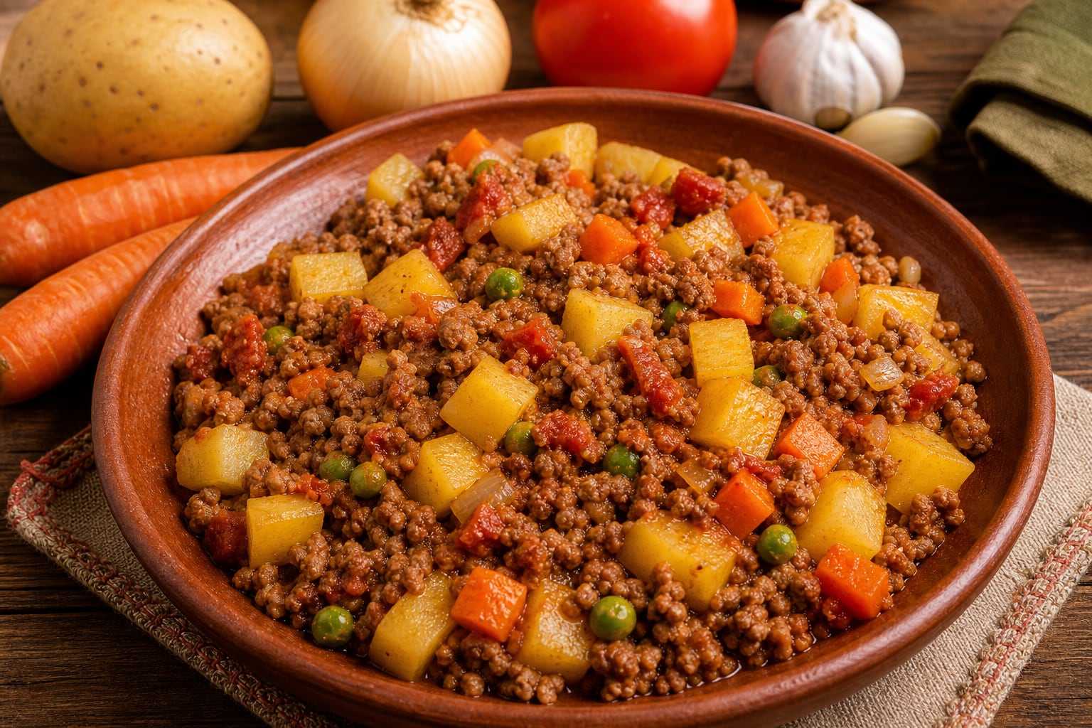 Un cuenco de barro contiene picadillo de carne molida con papas, zanahorias y guisantes, acompañado por sus ingredientes frescos sobre una mesa de madera. (Imagen Ilustrativa Infobae)