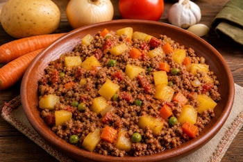 Un cuenco de barro lleno de picadillo de carne y verduras, rodeado por una papa, cebolla, tomate, ajos y zanahorias sobre madera.