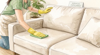 Una persona con guantes amarillos y delantal limpia la tapicería de un sofá beige con un paño verde junto a un cartel informativo.