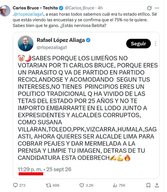 Carlos Bruce responde a López Aliaga en X