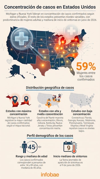 Mapa dos Estados Unidos com estados coloridos por concentração de casos, padrões demográficos, ano e calendário e logotipos da Infobae e do CDC.