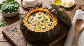 Un zapallo cabutia verde oscuro, cortado por la mitad horizontalmente, muestra un interior relleno de espinaca y queso gratinado. A su alrededor hay espinacas frescas, ricota y aceite.