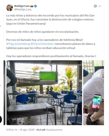 El ministro Rodrigo Lara pidió a Tigo y a Claro ayuda para brindar educación virtual a los niños de los territorios afectados por el sismo - crédito @Rodrigo_Lara_/X