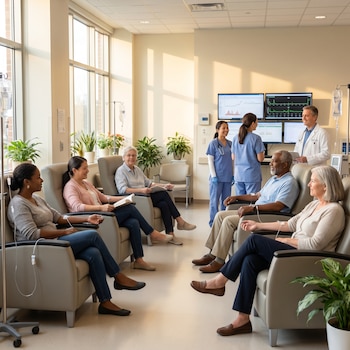 Sala clínica moderna y luminosa. Seis pacientes diversos reciben tratamiento intravenoso en sillones. Personal médico observa pantallas. Grandes ventanales, plantas.