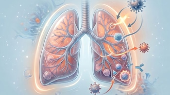 Ilustración de pulmones humanos en el centro, rodeados por virus, células y anticuerpos que interactúan con flechas en un fondo azul claro brillante
