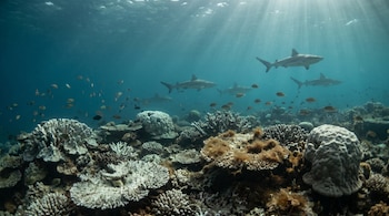 Fotografía submarina de un arrecife de coral parcialmente blanqueado, con bancos de peces dispersos y cinco tiburones nadando en aguas azules claras.
