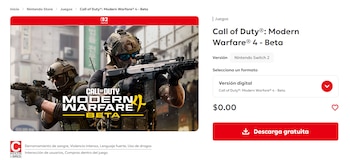 Captura de pantalla de la tienda de Nintendo con el título Call of Duty Modern Warfare 4 Beta, un botón de descarga y la etiqueta Nintendo Switch 2