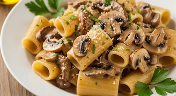 Primer plano de un plato blanco lleno de pasta paccheri con salsa cremosa de champiñones, espolvoreada con queso rallado y perejil picado.
