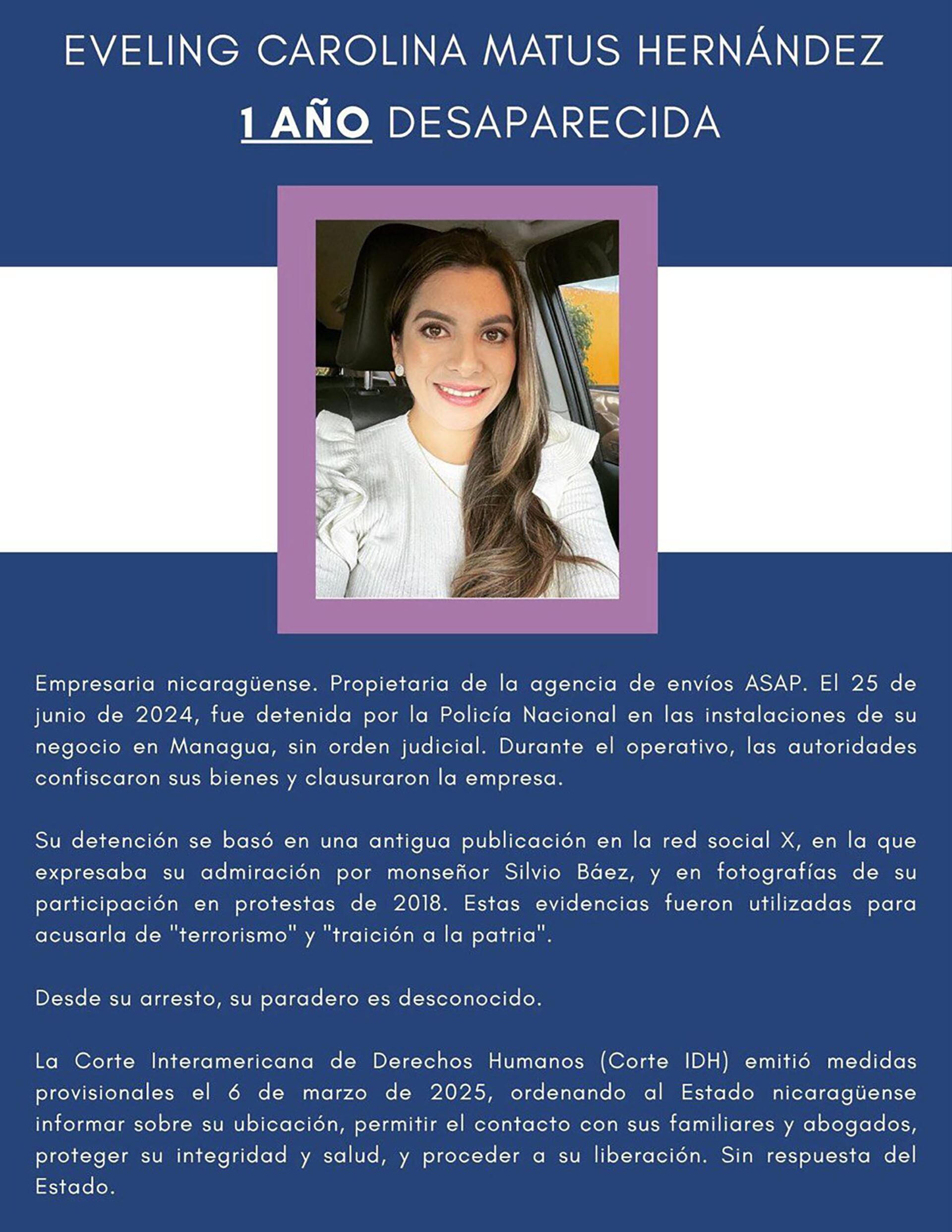 Carteles como este difundió el Monitoreo Azul y Blanco por redes sociales cuando la presa política cumplió un año de desaparecida