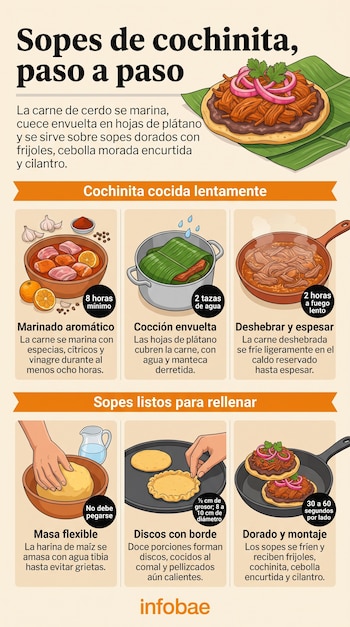 Infografía con seis ilustraciones sobre el marinado, la cocción de la carne de cerdo, el amasado de maíz y el montaje de los sopes.