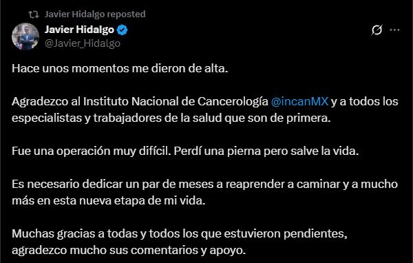 Javier Hidalgo, titular de Pilares, compartió unas palabras por medio de sus redes sociales. Foto: X/@Javier_Hidalgo.