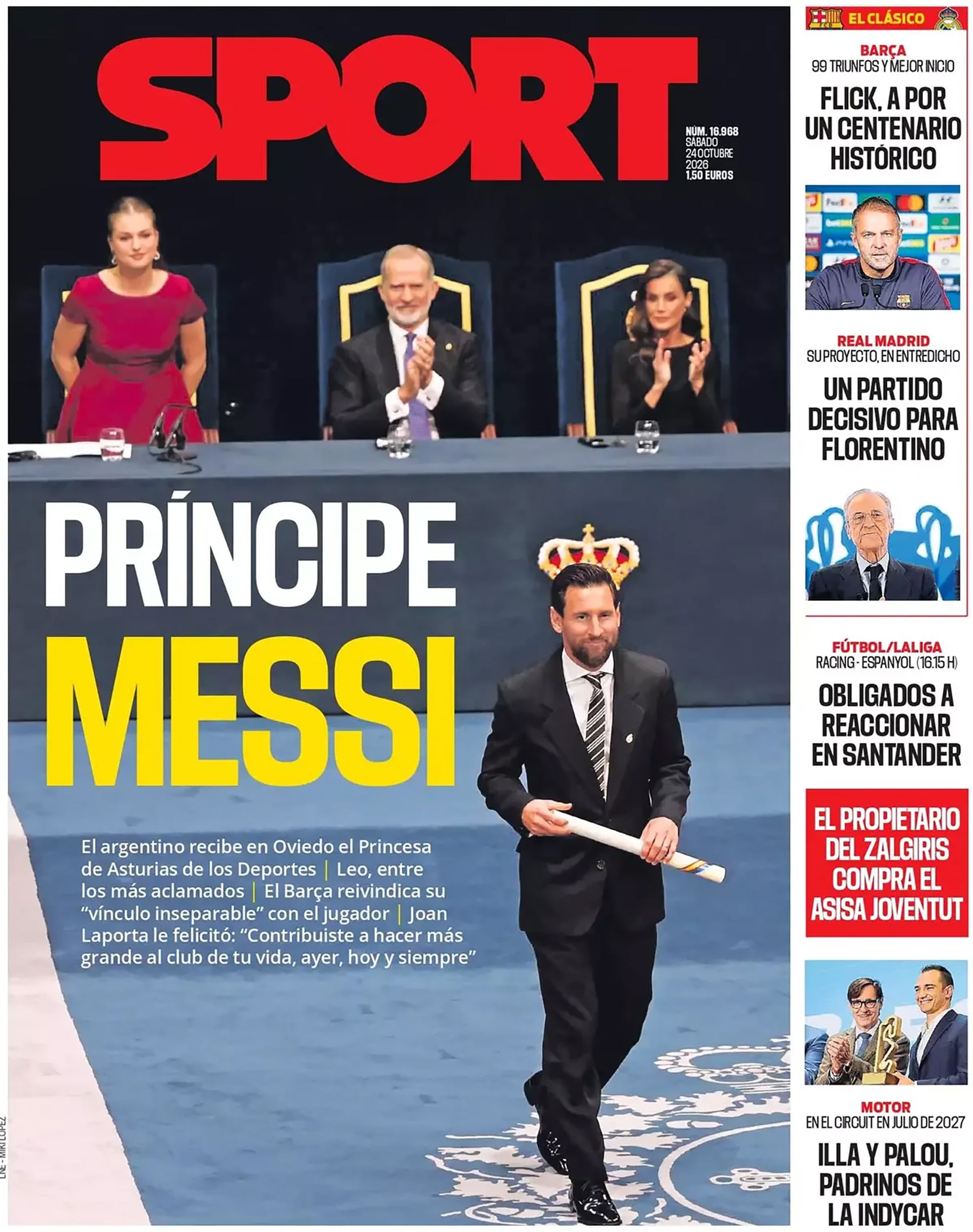 Messi, protagonista de las portadas tras recibir el Premio Princesa de Asturias