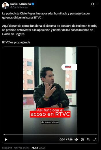 Daniel Briceño entrevistó a periodista de Rtvc, quien denunció acoso laboral en el medio de comunicación - crédito @Danielbricen