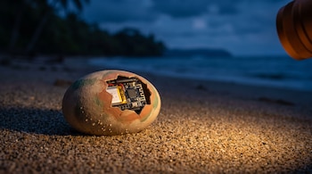 Un huevo artificial entreabierto sobre la arena de una playa expone un microcircuito electrónico con batería.