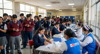 Estudiantes adolescentes en un colegio de Perú, formados y sentados en mesas, interactúan con personal de salud que aplica vacunas y procesa formularios.