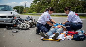 Dos paramedicos de la Cruz Roja atienden a una persona en una camilla. Detrás, una motocicleta caída y un automóvil plateado muestran un choque en la carretera.