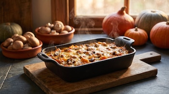 Molde de hierro con gratinado de calabaza y queso sobre una tabla de madera, rodeado por hongos crudos y calabazas enteras.