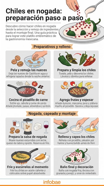 Infografía ilustrada de ocho recuadros con explicaciones sobre la preparación de chiles en nogada y un plato servido en la parte superior.